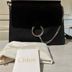 Chloé Black Leather & Suede Shoulder Bag with Gold Ring Chain